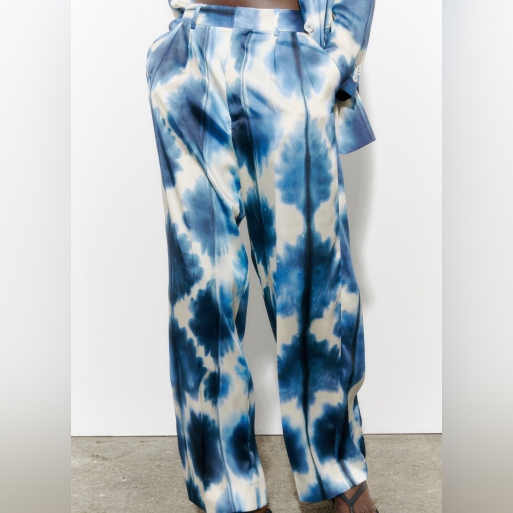 Zara Printed Satin Effect Trousers Blue and White
